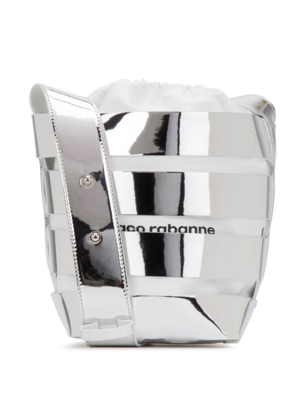 PACO RABANNE Silver Metallic Mirror Cage Faux Leather Large Bucket Bag
